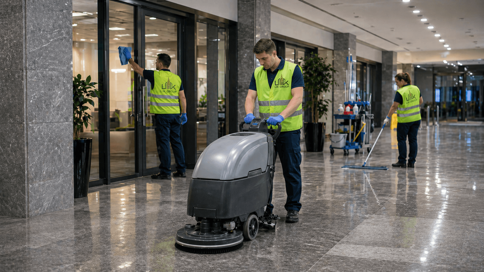 Pracownicy LIK GROUP sprzątają obiekt komercyjny